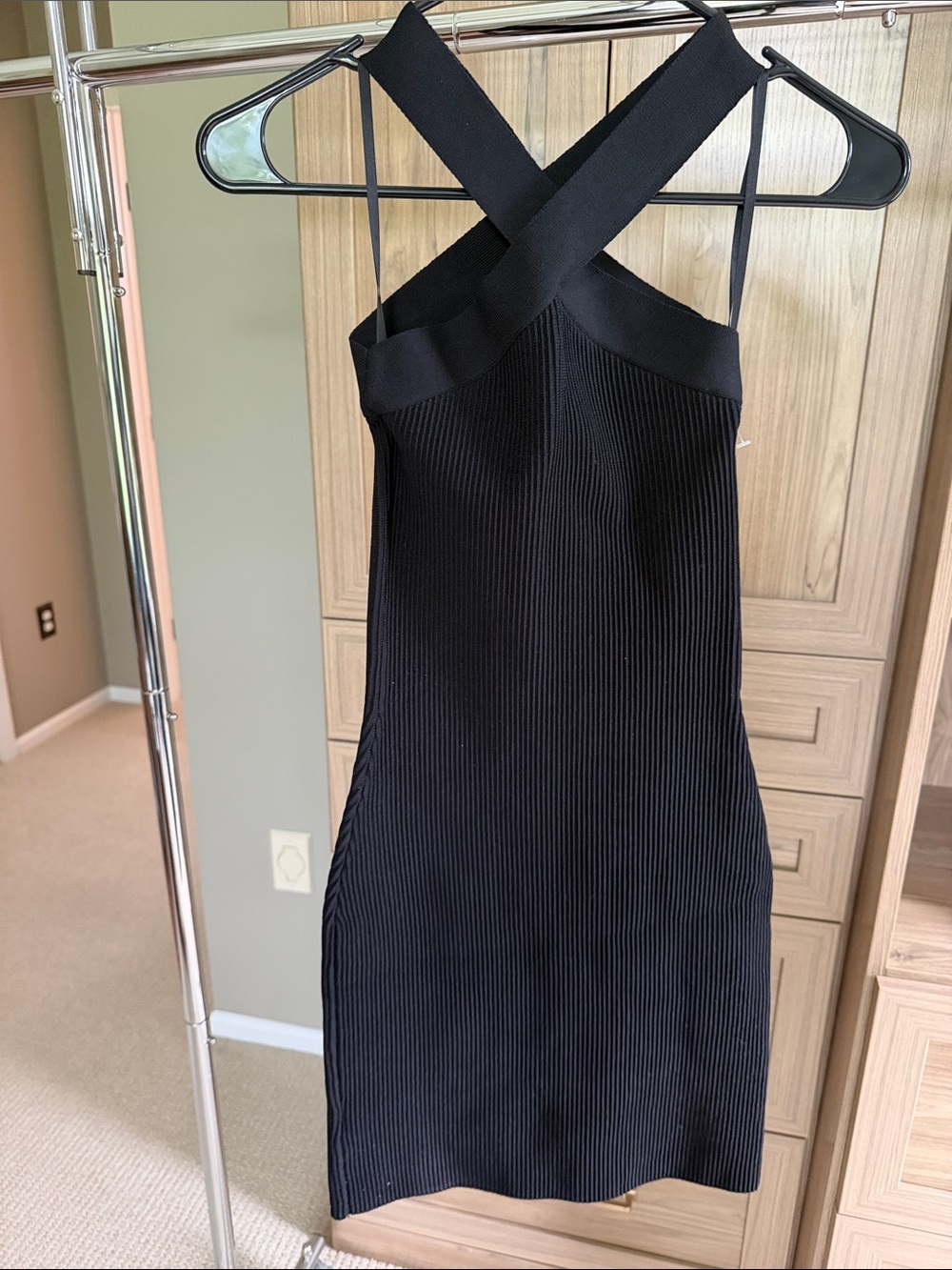 Babaton Black Ribbed Cross-Back Mini Dress